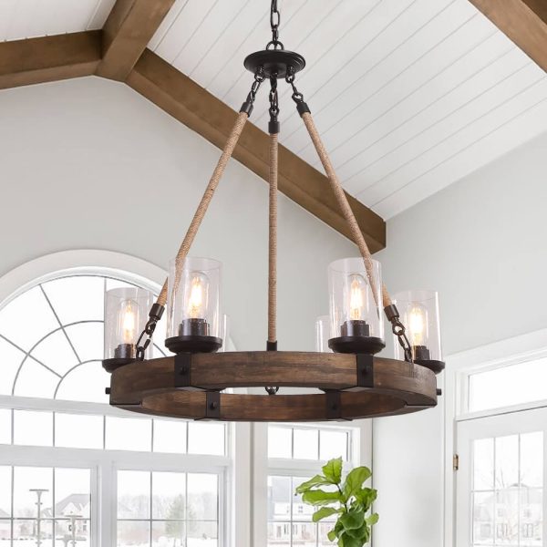 6-Light Wood Wagon Wheel Chandelier Modern Farmhouse