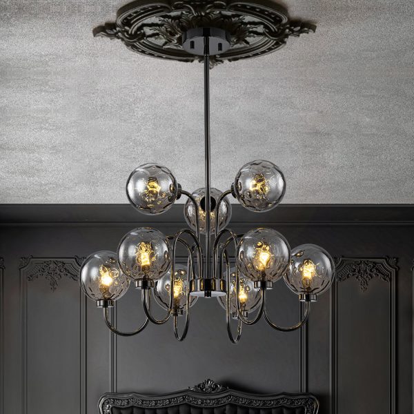 9-Light Hammered Smoked Glass Bubble Black Sputnik Chandelier