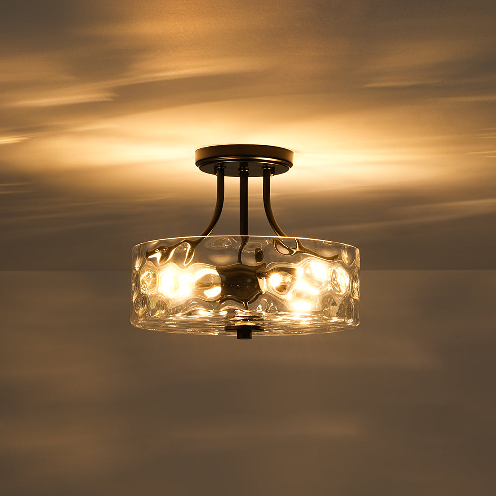BlackRoundDrumHammeredGlassSemFlushMount_1