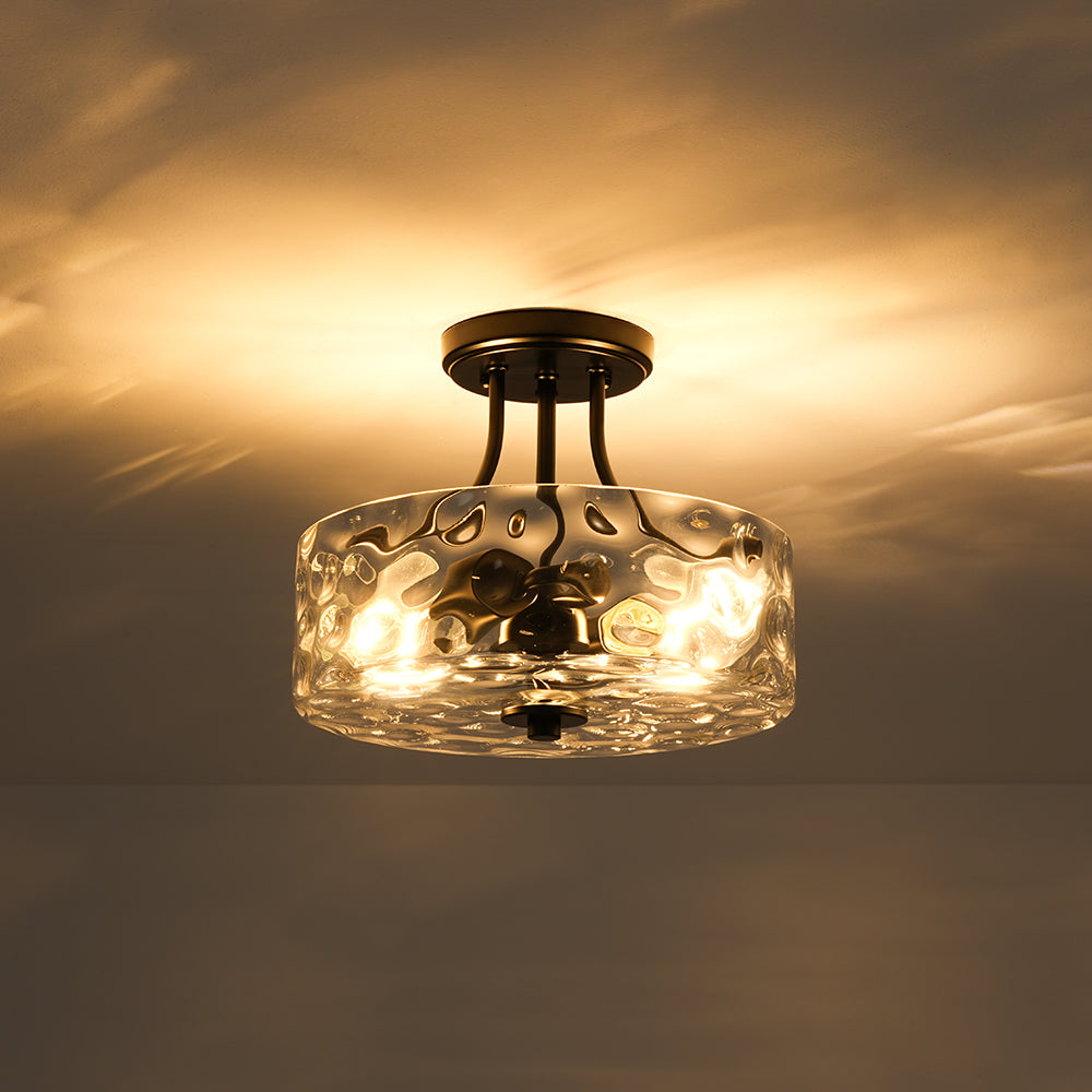 BlackRoundDrumHammeredGlassSemFlushMount_2