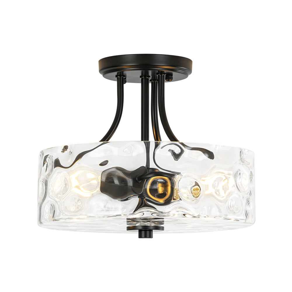 BlackRoundDrumHammeredGlassSemFlushMount_3