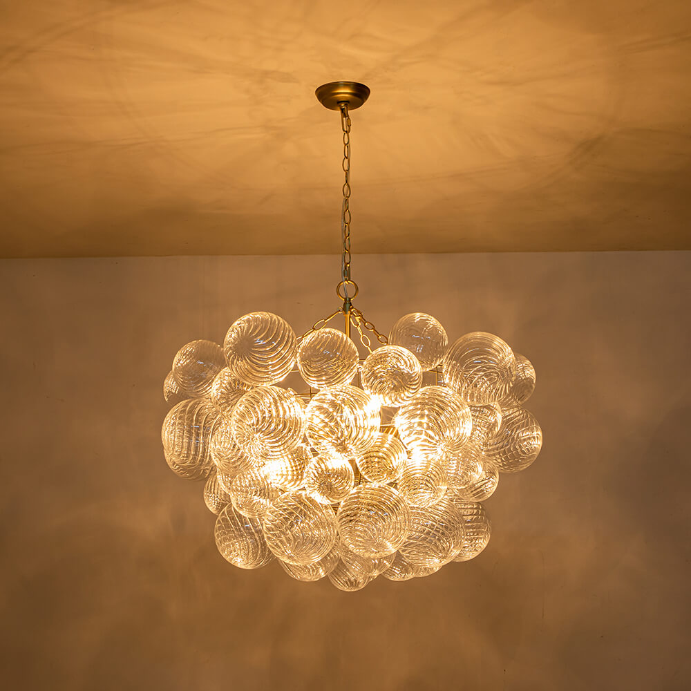 BrassClusterRibbedGlassGlobeBubbleChandelier_28