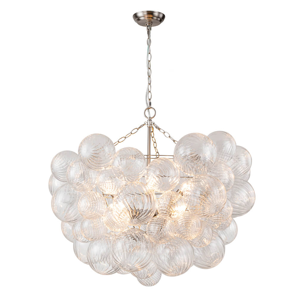 BrassClusterRibbedGlassGlobeBubbleChandelier_46