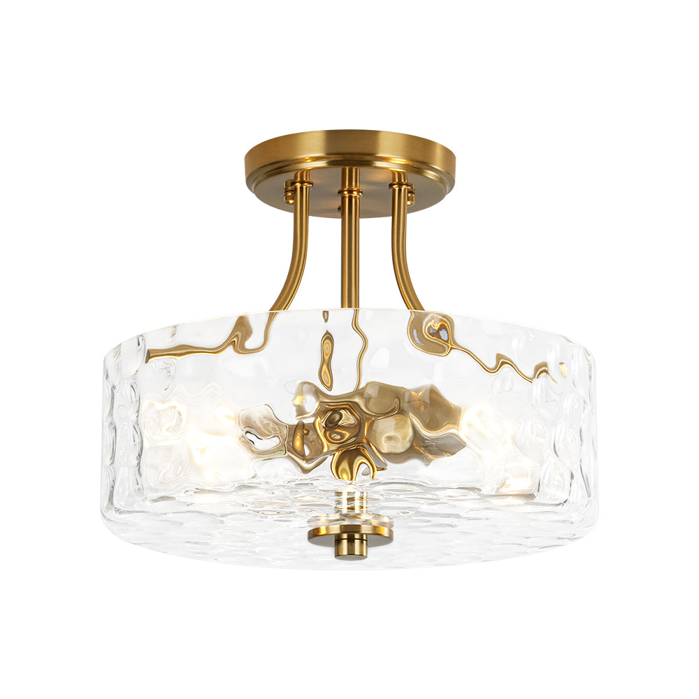 BrassGoldRoundDrumHammeredGlassSemFlushMount_7