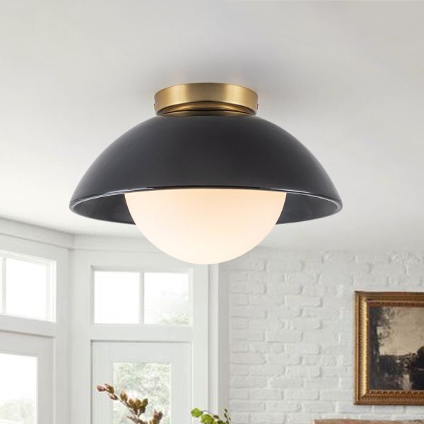 LightFixturesUSA - 1 - Light Ceramic Dome Frosted Shade Semi Flush Mount - Ceiling Light - Black - 