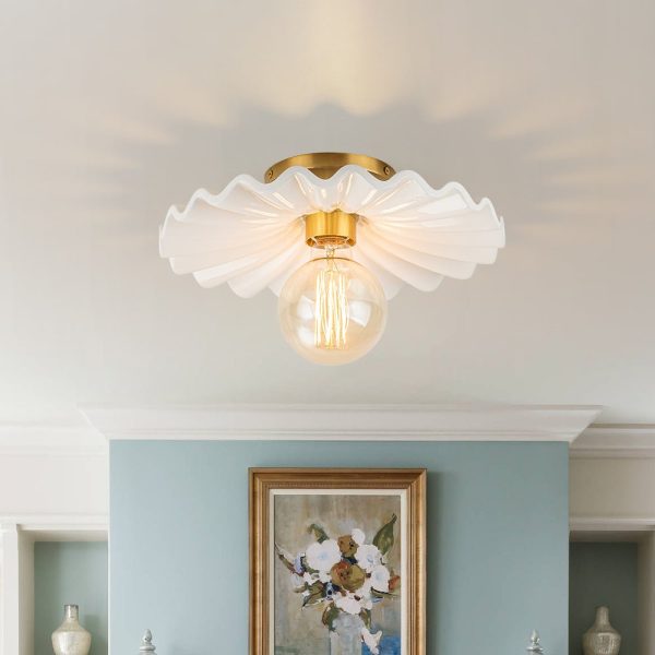 LightFixturesUSA-1-Light Creamy Ceramic Shade Semi Flush Mount-Ceiling Light-Brass-