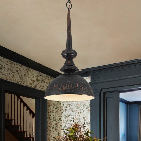 LightFixturesUSA - 1 - Light Shabby Chic Distressed Beige Metal Dome Pendant - Pendant Light - Black -