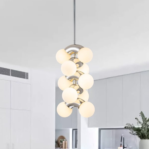 LightFixturesUSA-10-Light Pearl Tiered Milky Glass Globe Pendant Light-Pendant Light-10-Lt-Chrome