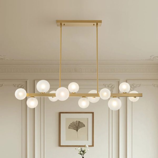 LightFixturesUSA-12-Light Brass Frosted Glass Bubble Linear Chandelier-Chandelier-Brass-