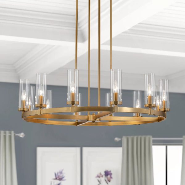 LightFixturesUSA-12-Light Clear Glass Shade Wagon Wheel Chandelier-Chandelier-Brass-