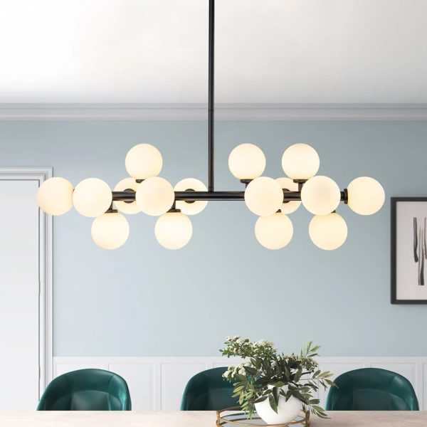 LightFixturesUSA-16-Light Milky White Glass Globe Linear Sputnik Chandelier-Chandelier-Black-16-Lt