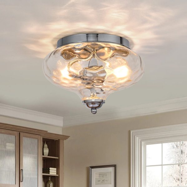 LightFixturesUSA-2-light Hammered Glass Flush Mount Ceiling Light-Ceiling Light-2-Lt-Chrome