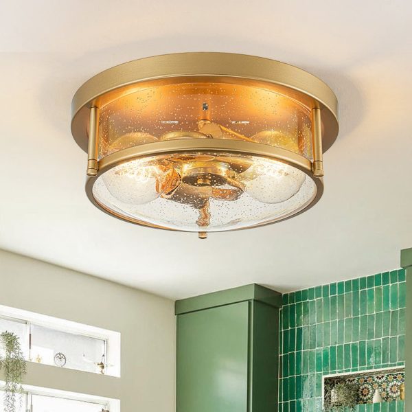 LightFixturesUSA - 2 - Light Seeded Glass Round Flush Mount Ceiling Light - Ceiling Light - Brass -