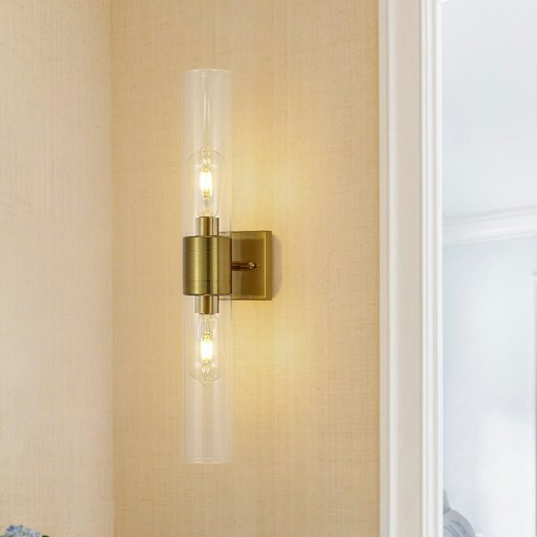 LightFixturesUSA - 2 - Light Up Down Glass Linear Tube Vanity Wall Lamp - Wall Sconce - Brass - 