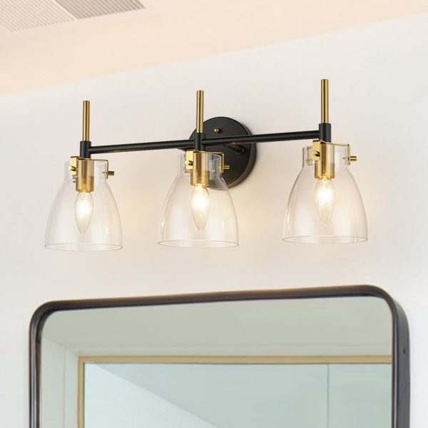 LightFixturesUSA - 3 - Light Black Brass Bell Glass Shade Vanity Wall Lamp - Wall Sconce - Clear - 