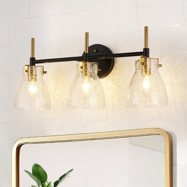 LightFixturesUSA - 3 - Light Black Brass Bell Glass Shade Vanity Wall Lamp - Wall Sconce - Crackled -