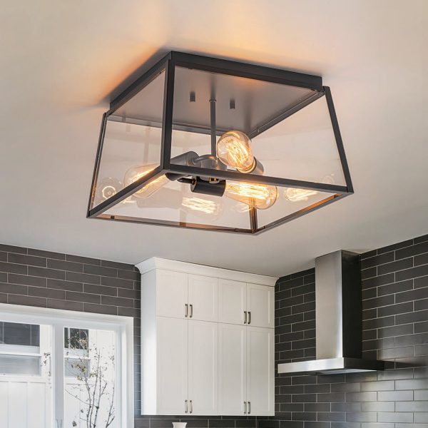 LightFixturesUSA - 3 - Light Black Square Box Clear Glass Cage Ceiling Light - Ceiling Light - Black - 