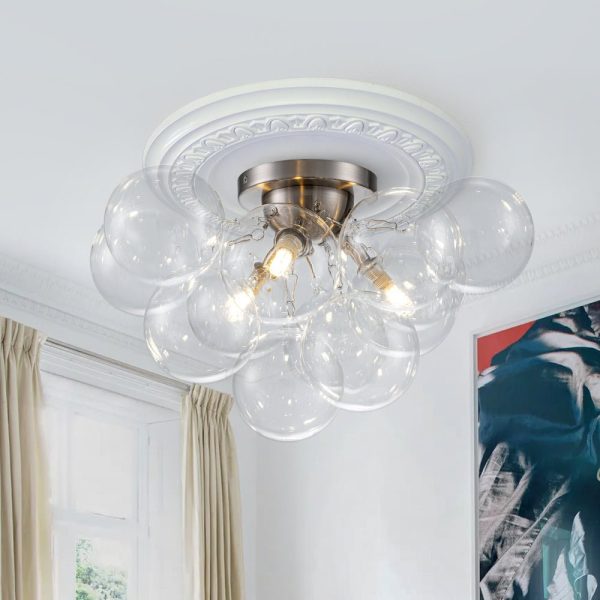 LightFixturesUSA - 3 - Light Brass Cluster Clear Glass Globe Bubble Ceiling Light - Ceiling Light - Nickel -