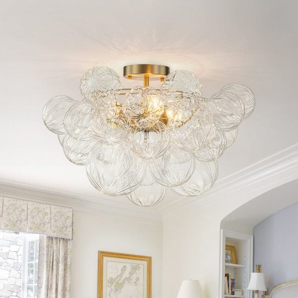 LightFixturesUSA-3-Light Brass Sculpture Glass Globe Bubble Semi Flush Chandelier-Chandelier-Brass-3-Lt (Pre-Order)