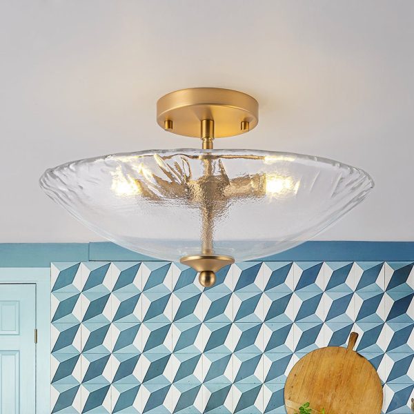 LightFixturesUSA - 3 - Light Brass Textured Glass Bowl Round Semi Flush Mount - Ceiling Light - Clear Glass - 