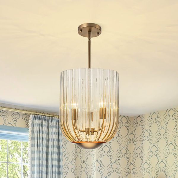 LightFixturesUSA - 3 - Light Candle Style Bell Ribbed Tinted Glass Ceiling Pendant - Pendant Light - Gold Glass - 