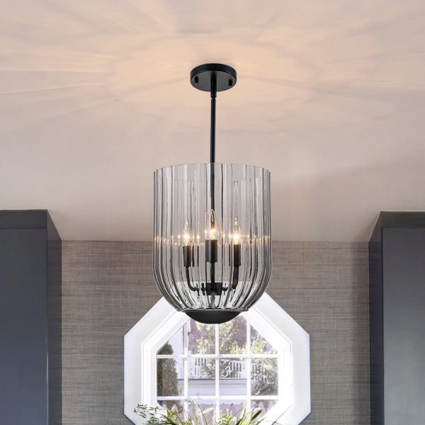 LightFixturesUSA - 3 - Light Candle Style Bell Ribbed Tinted Glass Ceiling Pendant - Pendant Light - Smoked Glass -