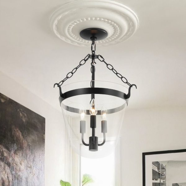LightFixturesUSA - 3 - Light Clear Glass Bell Jar Lantern Pendant / Semi Flush - Ceiling Light - Black -