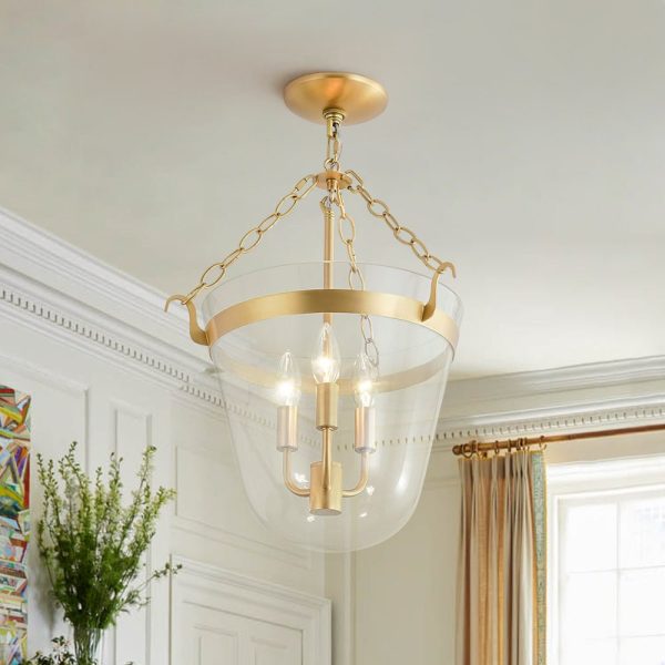 LightFixturesUSA - 3 - Light Clear Glass Bell Jar Lantern Pendant / Semi Flush - Ceiling Light - Brass - 