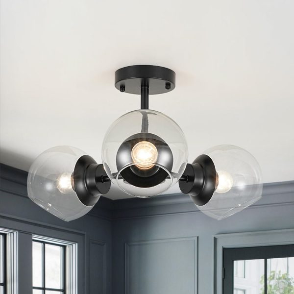 LightFixturesUSA - 3 - Light Clear Glass Globe Sputnik Semi Flush Mount - Ceiling Light - Black -