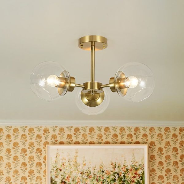 LightFixturesUSA - 3 - Light Clear Glass Globe Sputnik Semi Flush Mount - Ceiling Light - Brass - 