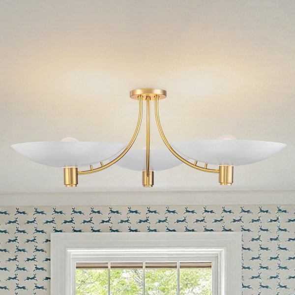 LightFixturesUSA - 3 - Light Modern Iron Brass White Saucer Semi Flush Mount - Ceiling Light - 40.6 in - 