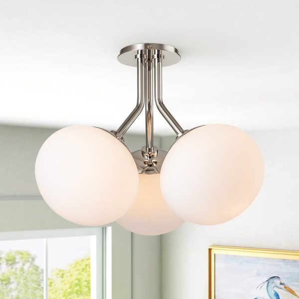 LightFixturesUSA-3-Light Opal Glass Sphere Semi Flush Mount Light-Ceiling Light-Nickel-