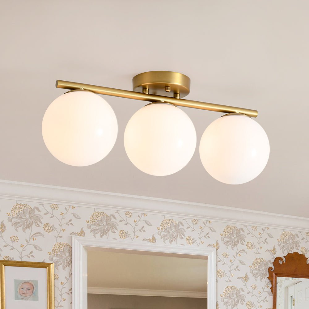 lightfixturesusa-3-light-shine-opal-glass-globe-linear-semi-flush-mount-ceiling-light-brass-2315311 LightFixturesUSA - 3 - Light Shine Opal Glass Globe Linear Semi Flush Mount - Ceiling Light - Brass -