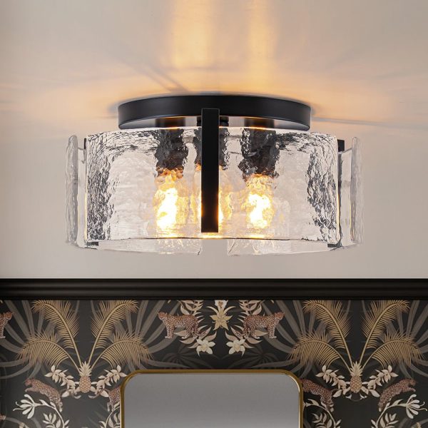 LightFixturesUSA - 3 - Light Water Textured Glass Drum Cage Semi Flush Mount - Ceiling Light - Black - 