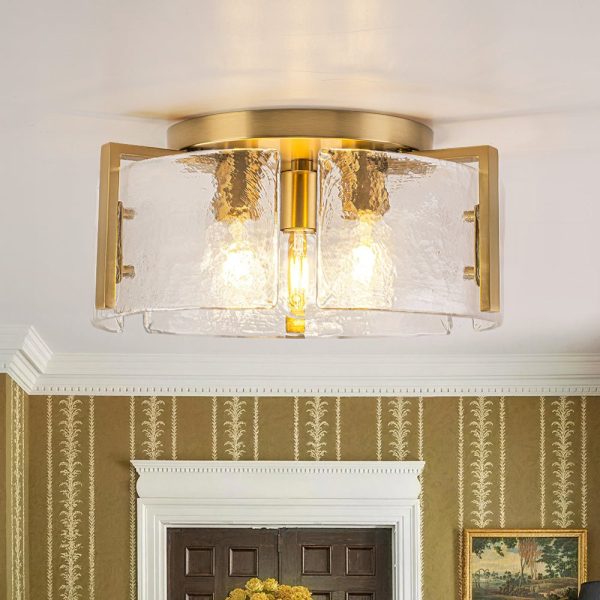 LightFixturesUSA - 3 - Light Water Textured Glass Drum Cage Semi Flush Mount - Ceiling Light - Brass (Pre - Order) -