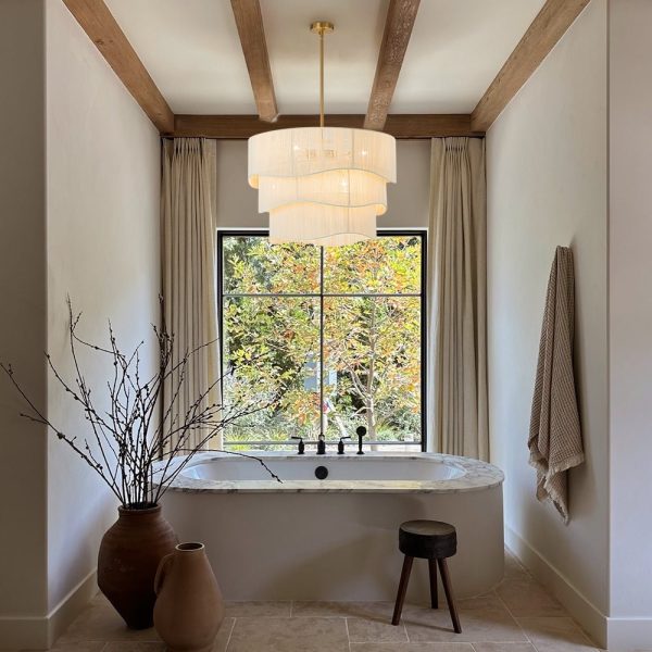 LightFixturesUSA - 3 - Tier Beige Woven Thread Drum Pendant Light - Chandelier - Beige (Pre - Order) - 