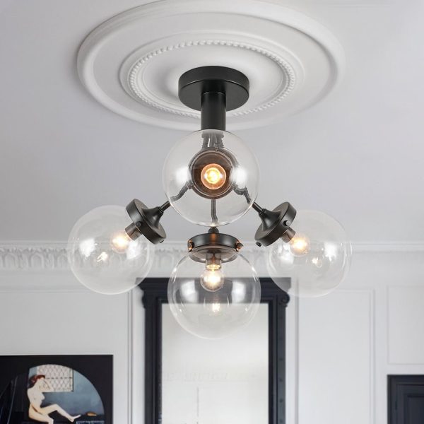 LightFixturesUSA - 4 - Light Bloom Clear Glass Globe Semi Flush Mount - Ceiling Light - Black -