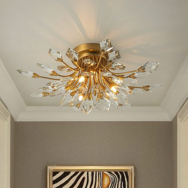 LightFixturesUSA-4-Light Bloom Crystal Leaf Semi Flush Mount Light-Ceiling Light-Brass-