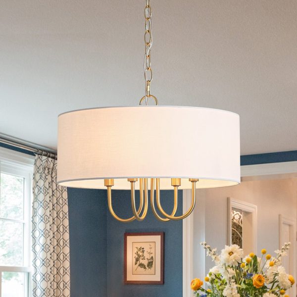 LightFixturesUSA - 4 - Light Brass Candle Style White Fabric Drum Cage Chandelier - Chandelier - 17.7 in - 