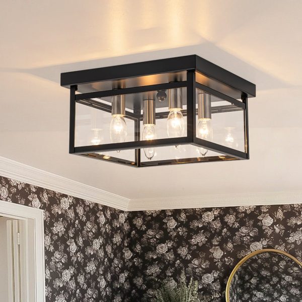 LightFixturesUSA - 4 - Light Clear Glass Black Square Cage Flush Mount Ceiling Light - Ceiling Light - 11 in. - 