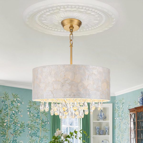 LightFixturesUSA - 4 - Light Crystal Accented Capiz Shell Drum Lantern Pendant - Chandelier - Brass (Pre - Order) - 