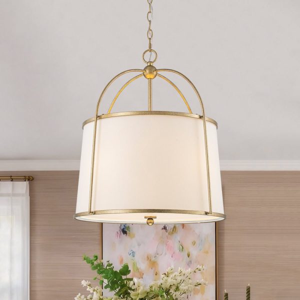 LightFixturesUSA - 4 - Light Distressed Gold White Linen Drum Lantern Pendant - Chandelier - 21 in - 