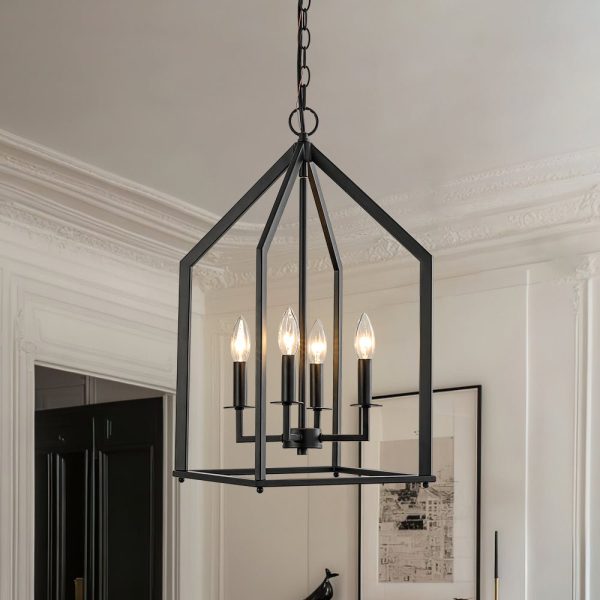 LightFixturesUSA - 4 - light Farmhouse Candle Style Black Lantern Pendant Light - Pendant Light - Black - 