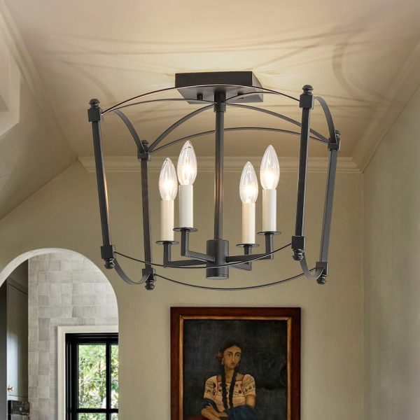 LightFixturesUSA - 4 - light French Antique Candle Style Lantern Semi Flush - Ceiling Light - Black -