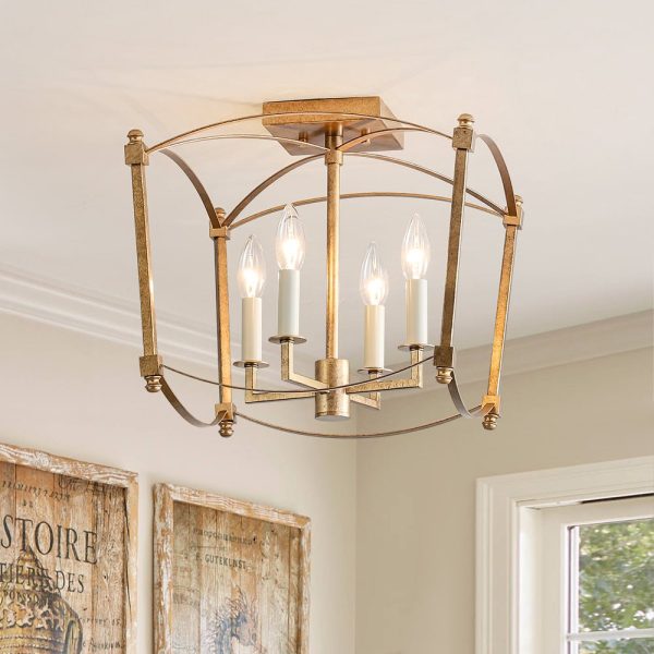 LightFixturesUSA - 4 - light French Antique Candle Style Lantern Semi Flush - Ceiling Light - Gold - 