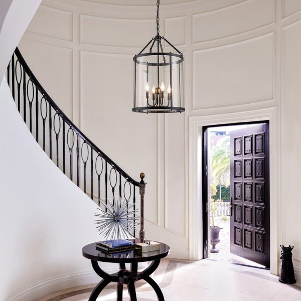 LightFixturesUSA-4-Light Manor Glass Wide Cylinder Lantern Pendant Light-Pendant Light-Black-