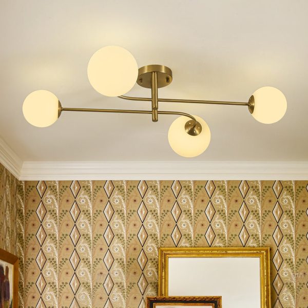 LightFixturesUSA - 4 - Light Minimalist Linear Sputnik Opal Glass Globe Semi Flush - Ceiling Light - Brass - 