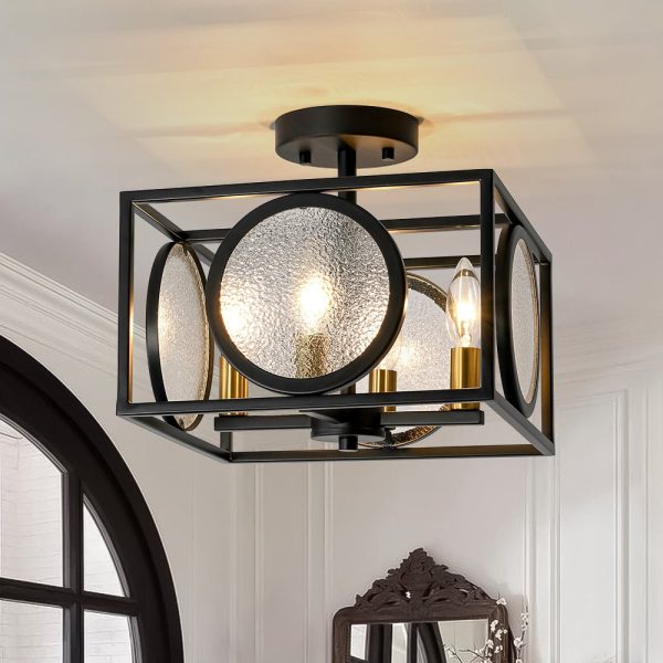 LightFixturesUSA - 4 - light Textured Glass Square Lantern Semi Flush Mount - Ceiling Light - Black - 