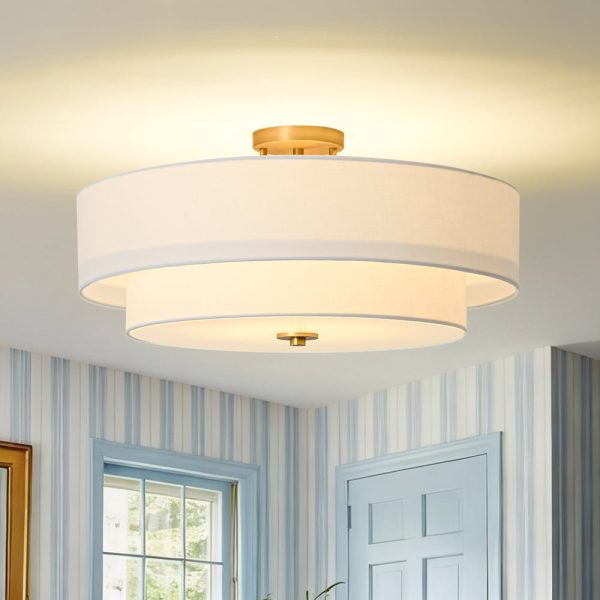 LightFixturesUSA - 4 - Light White Linen Round Drum Brass Semi Flush Mount - Ceiling Light - 1 - Tier -