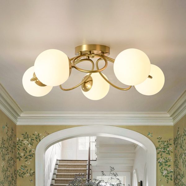 LightFixturesUSA - 5 - Light Bloom Ring Opal Glass Globe Semi Flush Mount - Ceiling Light - Brass - 